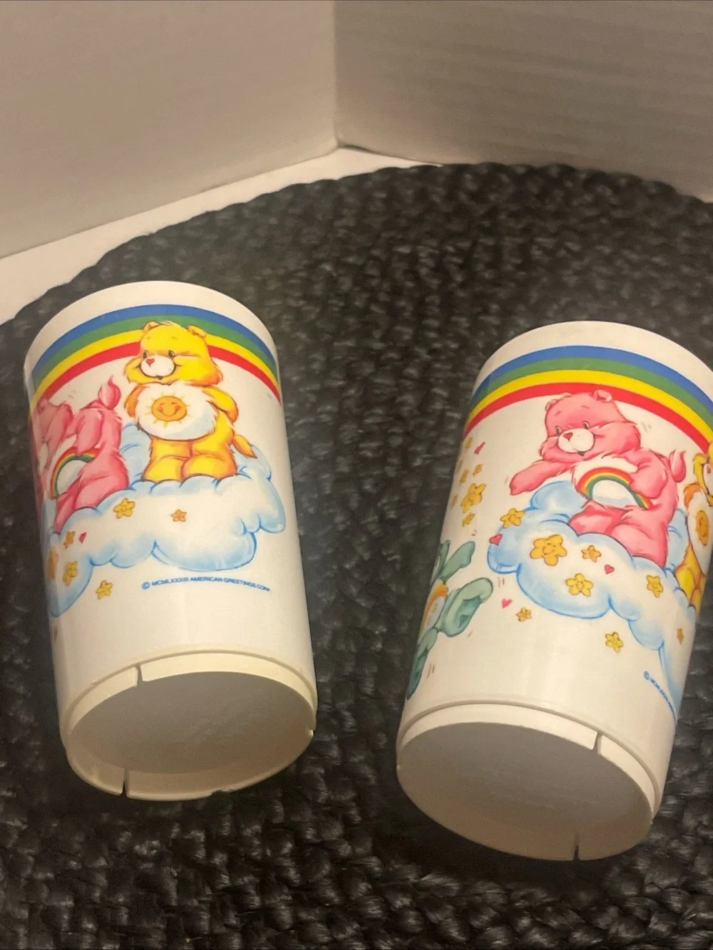1983 vintage  Care Bears Rainbow Cloud Plastic Cups - Pink & Yellow